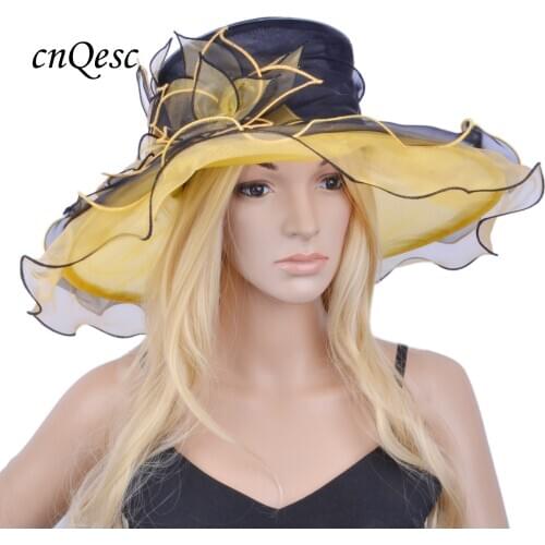 Yellow black big organza hat with leaves flowers for Church Kentucky derby
