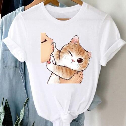 Women t-shirts 2021 Cute Kiss cat Print 90s Fashion tshirt for woman Tees Tops Graphic Female T Shirt White Womens T-Shirt XXXL