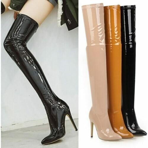 Womens Patent Leather Thigh Boots Stretch Over Knee Knee High Heel Stiletto Shoes Riding Plus Size 34-49 New 2020