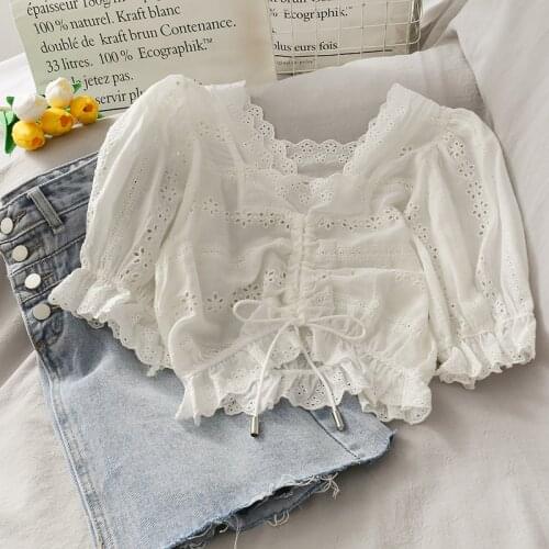 Women White Cotton Broidery Crop Top Square Neck Scallop Lace Trim Sweet Top Ruched Front Drawstring Puff Sleeve Top