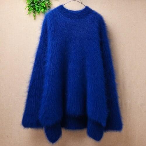Top mujer women hairy mink cashmere knitted o-neck long sleeves loose slit tail pullover angora rabbit hair jumper sweater pull
