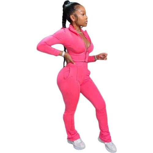 Fitness Solid Two Piece Set Women Sexy Lounge wear Zipper Crop Top + Pockest Pants Bodycon Tracksuit Women Outfits Jogging Femme