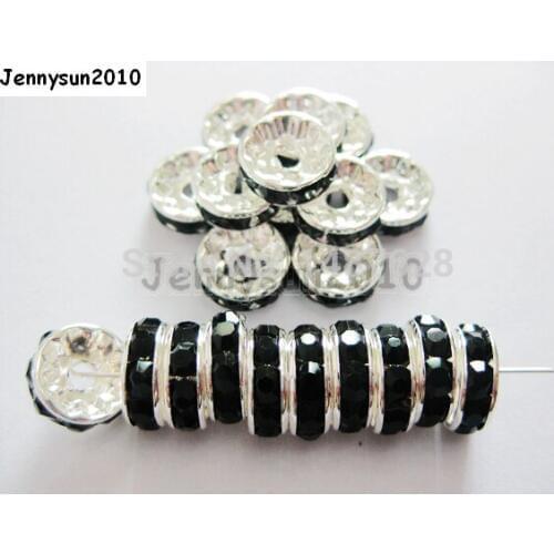 200pcs/lot 4mm Top Quality Czech Crystal Jet Black Rhinestone Pave Rondelle Metal Silver Plated Spacer Loose Beads Jewelry