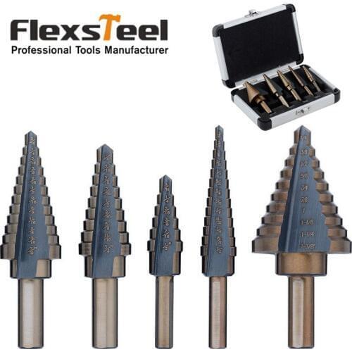 5pcs/set Titanium HSS Core Drill Step Drill Bits Set with 1/4" and 3/8" Shanks SAE with Aluminum Protective Case
