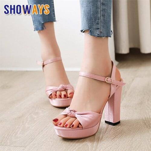 2020 Luxury Silk Women Platform Sandals High Block Heels Black Pink Satin Wedding Party Office Ladies Summer Ankle Strap Shoes