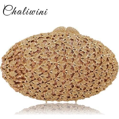 Chaliwini Ladies Gold Crystal Evening Clutch Bag Rhinestones Bridal Wedding Clutches Purse Women Party Dinner Handbags