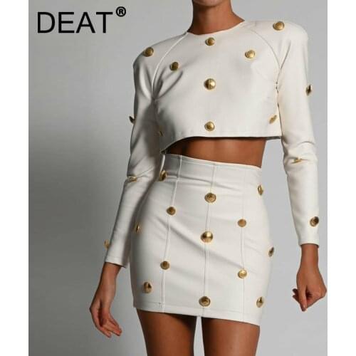 DEAT 2021 Spring Leather Long Sleeve Crop Top Skirt With Gold Button Elegant Outfits Fall Women Two Piece Set Women ML581