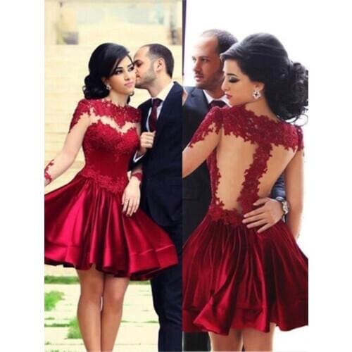 Burgundy Homecoming Dresses A-line Long Sleeves Satin Appliques Elegant Cocktail Dresses