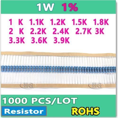 JASNPROSMA 1W 1000PCS/LOT 1% 1K 1.1K 1.2K 1.5K 1.8K 2K 2.2K 2.4K 2.7K 3K 3.3K 3.6K 3.9K metal film DIP OHM Box packing