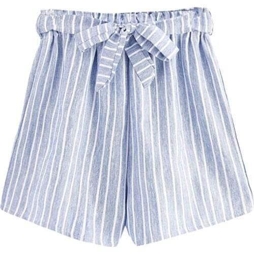 Summer Casual Striped Loose Belt Strap Wide Leg Pants Gray Pink Light Blue Women Pants