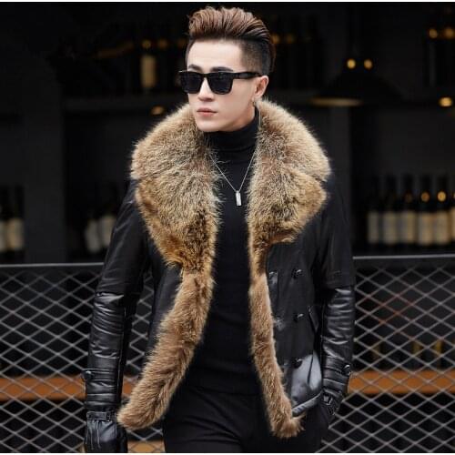 Winter Men Genuine Sheepskin Leather 90% Duck Down Jacket Real Raccoon Fur Collar Coat Mens Clothing MY780