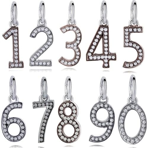 Clear CZ 1-9 Numerals Pandant Fit Original Pan Charms Bracelet Date Number Beads DIY Jewelry for Women Anniversary Bangle Dangle