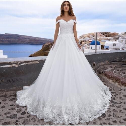 Sexy Off-the-shoulder Wedding Gowns 2021 Sweetheart Lace Applique Chapel A-line Tulle Bridal Dresses
