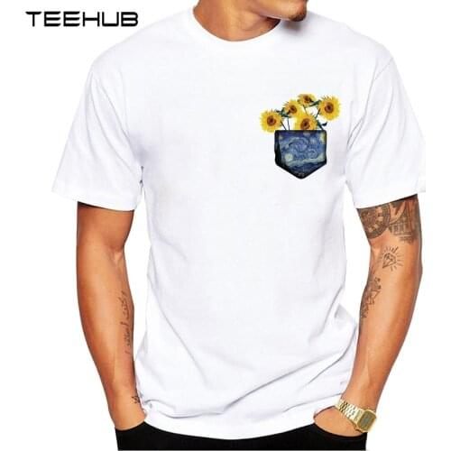 TEEHUB Mens New Fashion Pocket Full of Sunshine Design Short Sleeve T-Shirt Cool Van Gogh painting Printed Tops Hipster Tee