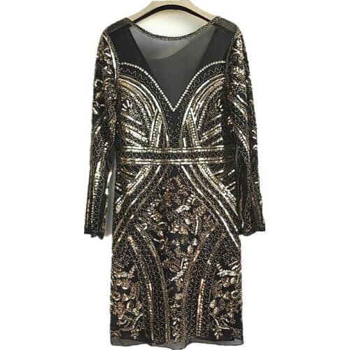 Womens Fashion Beading Sequins Dresses Ladies Long Sleeve Mesh Lace Backless Dress for Party