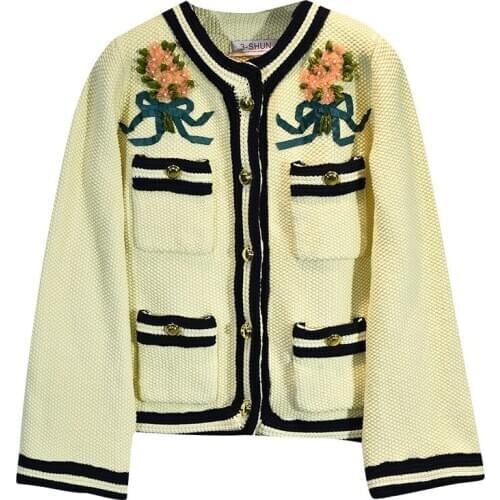 Ladies New Cute Women Autumn Winter Luxury embroidery Sequin Beaded rose Striped Casual Sweaters Cardigan High quality #N122