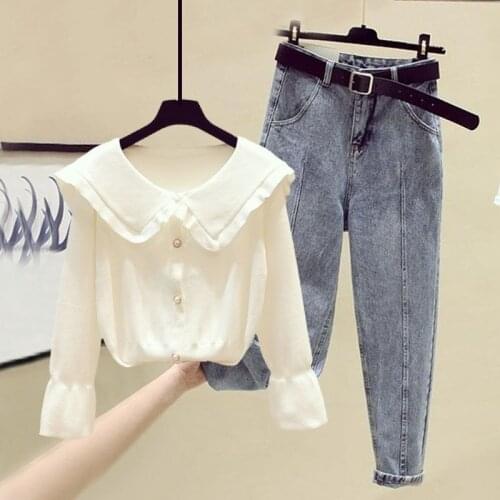 Women 2021 Early Autumn New Two Piece Sets Female Slim Knitted Cardigan Coats Ladies High Waist Harem Pants Jeans Suits P203