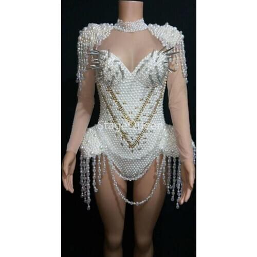 Nightclub Sexy Stage White Pearls Leotard Women Dance Wear Prom Celebrate Outfit Bar Evening Women Dancer Outfit DS DJ Bodysuit