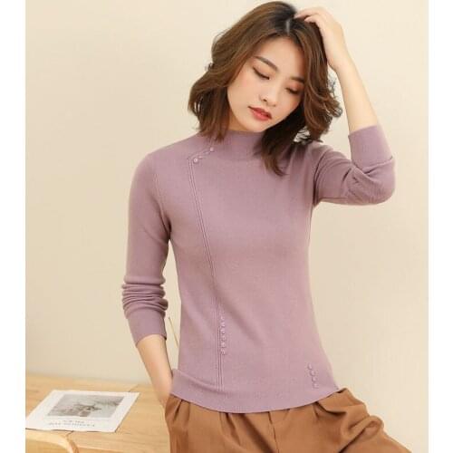 Half High Neck Knitted Pullover Womens 2021 Autumn Winter New Button-Shaped Inner Sweater Slim Fashion Casual Wool Top One Size