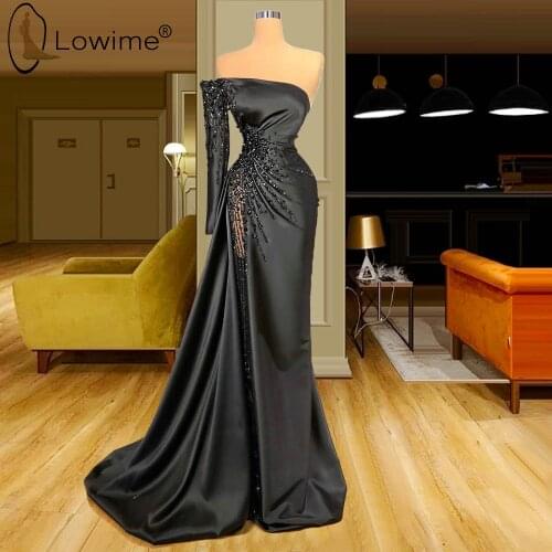 Robes De Soiree Dubai Black Single Long Sleeve Mermaid Evening Dresses Beads Sequins Longue Robes Formal Dress 2020