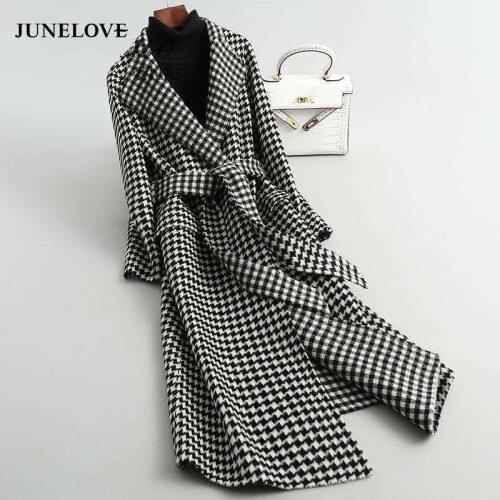 JuneLove Winter Black White Check Belt Womens Coat Warm Checkered Coats Female 2021 Thicken Women Jacket Long Overcoat Outwears