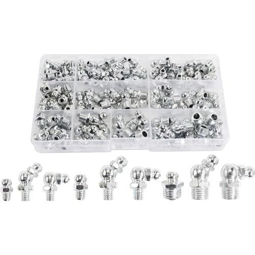 115Pcs Steel Zerk Grease Nipple Fittings Assortment Kit ,Straight, 90-Degree, 45-Degree Angled(M6,M8,M10)