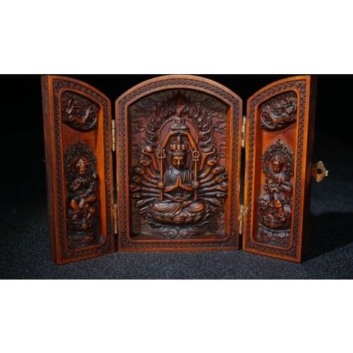 4" Chinese Seikos Bronze Thousand-Hand Guanyin Bodhisattva Three open boxes Left and Right Guanyin Avatar Enshrine the Buddha