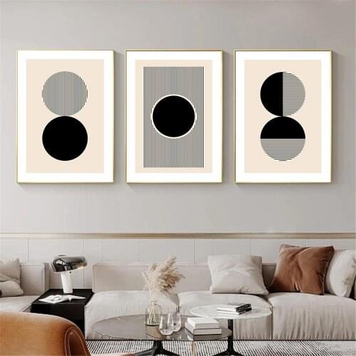 Abstract Geometry Canvas Painting Lines Drawing Wall Art Poster Round Art Print Beige Pictures Modern Living Room Interior Decor