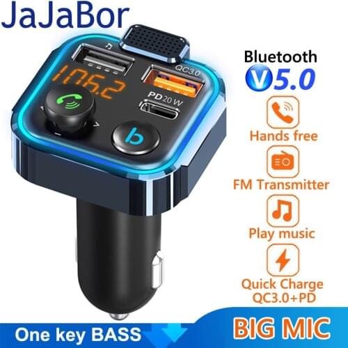 JaJaBor Car FM transmitter One Key Bass Type C PD 20W QC3.0 Fast Charging Car Charger Handsfree Bluetooth-compatible 5.0 Car Kit
