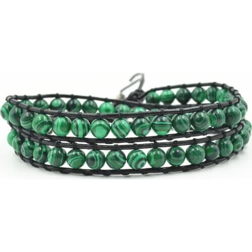 Asingeloo green malachite stone beads Alloy Genuine Leather Bracelet Bangle Cuff Rope Bead 2 Wrap Adjustable