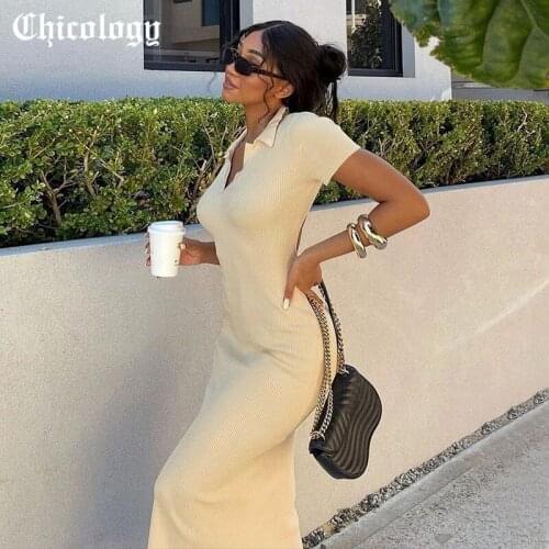 Chicology 2021 Summer Women Midi Dress Polo Neck Short Sleeve Bodycon Deep V Neck Fashion Street Wear Elegant Suits