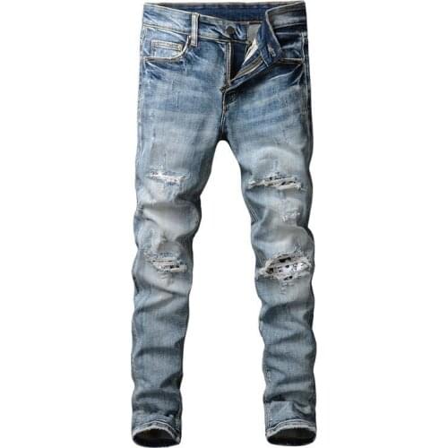 American Street Style Fashion Men Jeans Elastic Retro Blue Slim Fit Ripped Jeans Men Patches Designer Hip Hop Denim Punk Pants