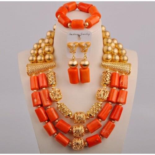 Elegant Dubai Gold Color Orange African Coral Jewelry Set Necklaces Earrings Bracelet Bridal Wedding Nigerian Beads Jewelry Sets