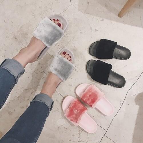Brand design solid colors open toe flats slippers women autumn winter fur slides outside girls trendy zapatos mujer big size 40