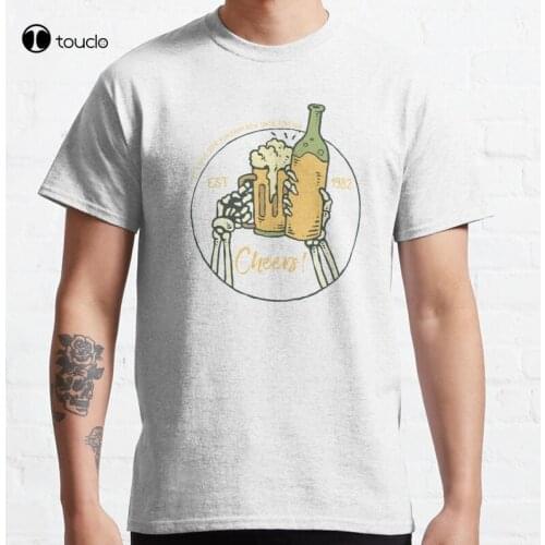 Cheers Beers Skeleton Party Wine Libations | Cool Drawn Aesthetic Cartoon Skeleto Classic T-Shirt Cotton Tee Shirt