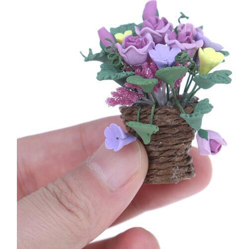 Dollhouse Miniature Clay Flowers in Rattan Pot Planter Fairy Garden Plant Accessory 1:12 Scale Purple Flower