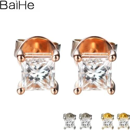 BAIHE Solid 14K Rose Gold 0.20CT H/SI Natural Diamonds Earrings Wedding Trendy Fine Jewelry Square Stud Earrings Women Cерьги