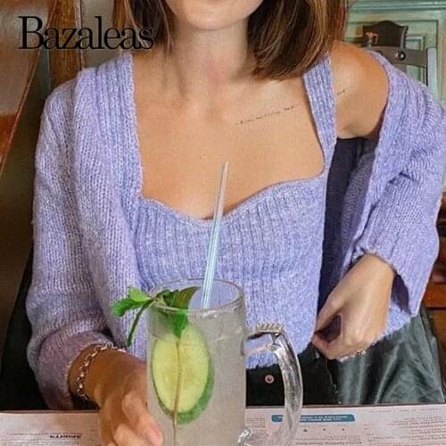Bazaleas Fashion Purple Womens Sweater Vintage Knitted Cardigan And Camis Cute Pull Femme Clothes Single Button Kardigan