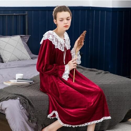 New Pink Sweet In Autumn and Winter Flannel Womens Nightdress Lovely Embroidered Long Sleeve Palace Retro Home Wear Women Dress