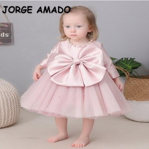 2021 New Spring Summer Baby Girls Party Dress Big Bow Long Sleeve Pearl Piano Show Flower Dresses for Weddings E1006