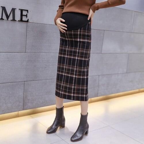 Maternity wear spring and autumn plaid skirt mid-length Korean version of the tide mother pregnant womens woolen slit belly lif