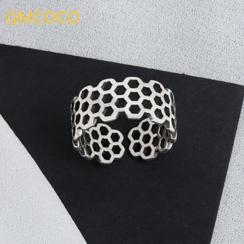 QMCOCO 925 Sterling Silver Fashion Wide Ring Round Hollow Out Retro Opening Ring Fine Woman Party Jewelry Accessories
