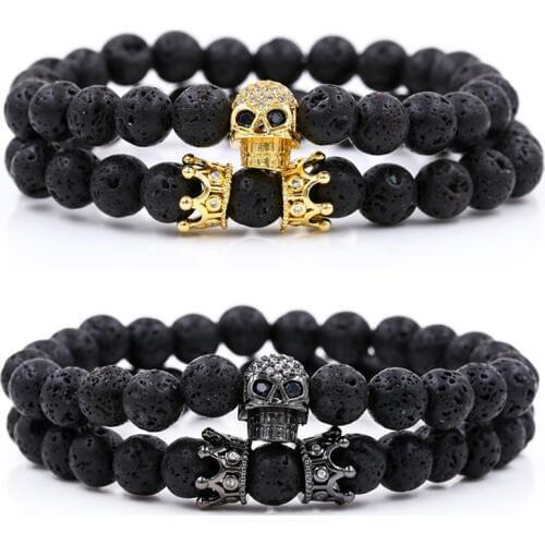 Luxury 2Pcs/Set Natural Lava Stone Beads Male Pave CZ Skull Crown Bracelet Bangle Sets For Mens Women Hand Jewelry Homme Bijoux