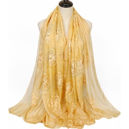 Best selling Embroidered floral crystal stone silk scarf hijab polyester plain scarves women muslim headscarf wrap 180*90cm