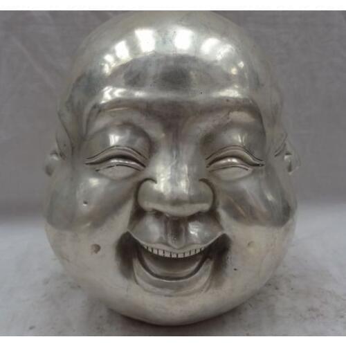 8" Chinese Silver Buddhism 4 Face Happy Laughing Maitreya Buddha Head Statue Garden Decoration 100% Tibetan silver BRASS