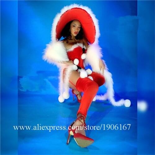 Nightclub Dance Team Ballroom Costumes Female Stage Christmas Performance Clothes With Big Hats Shawl Party Dresses Bodysuit