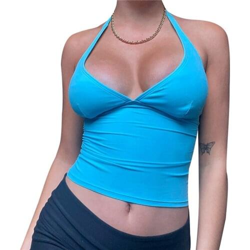Women’s Fashion Solid Color Summer Halter Vest Sexy V-neck Bandage Exposed Navel Tank Tops Blue/Pink