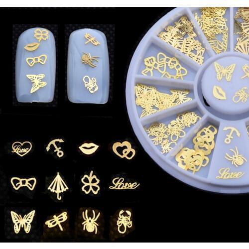 Gold Metal Slices 3d Nail Art Decoration Wheel 120pcs/set Christmas Mix Design Manicure Nail Accessories