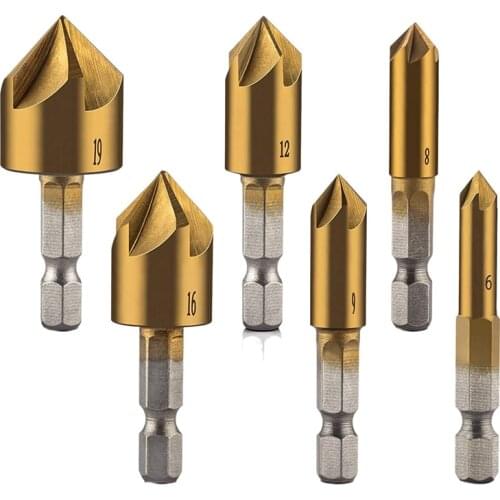 6 Pcs 1/4inch Hex Shank Countersink Drill Bits Center Punch Set HSS 5 Flute Countersink 90 Degree Center Punch Tool Sets