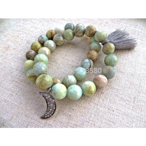 CZ Pave Moon and Star Crescent Bracelet Green Agates Beads Gray Tassel Strand Bracelet Set of 2 SE21911